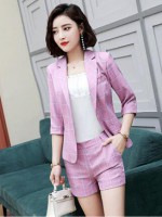 职业气质西装套裤时尚通勤修身商务格子女士优雅套装外套加短裤仿棉麻131-8107外套901西裤