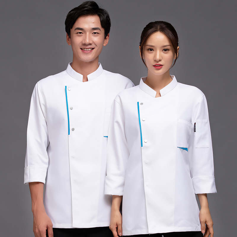 撞色加厚磨毛中餐厅长袖厨师服上衣H05-精品蓝边