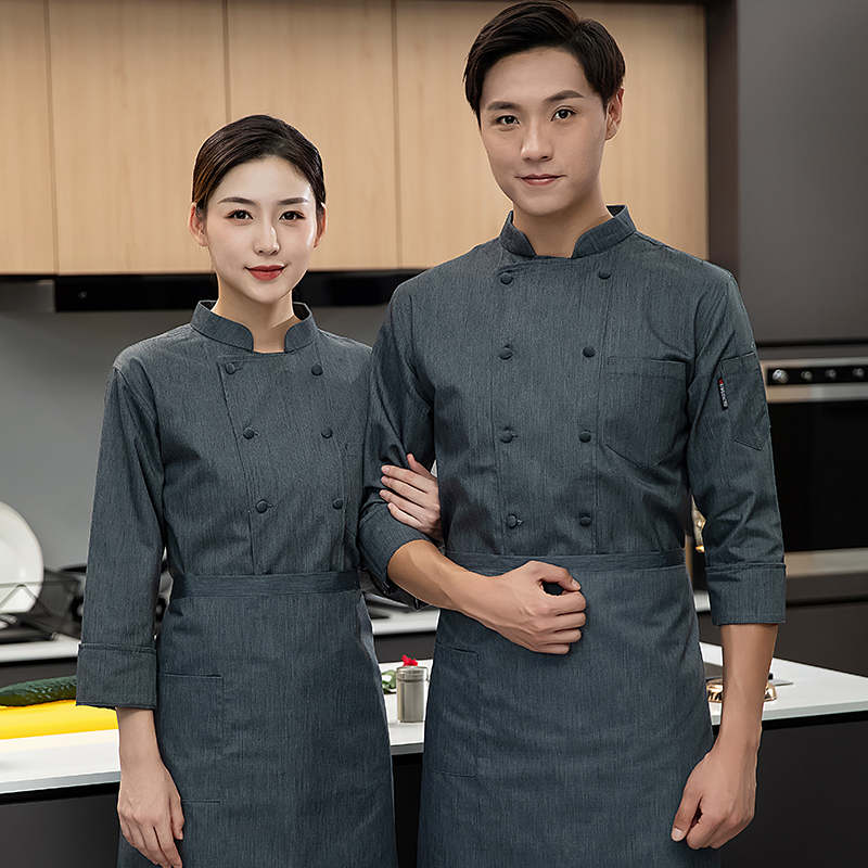 加厚涤棉抗油污长袖厨师服上衣H05-纯色布包扣图3