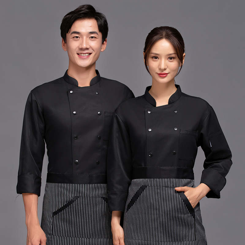加厚磨毛撞色餐厅长袖厨师服上衣H05-纯色四合扣