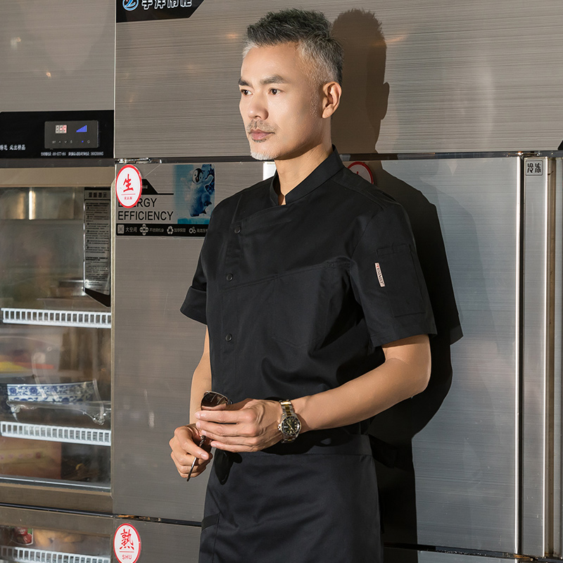 斜领单排扣酒店短袖厨师服上衣H01-2022-15图3
