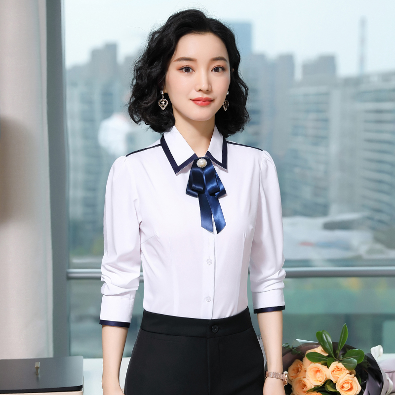 职业四面弹翻领长袖衬衫女款（含领结）DL1-657长袖衬衫女图2