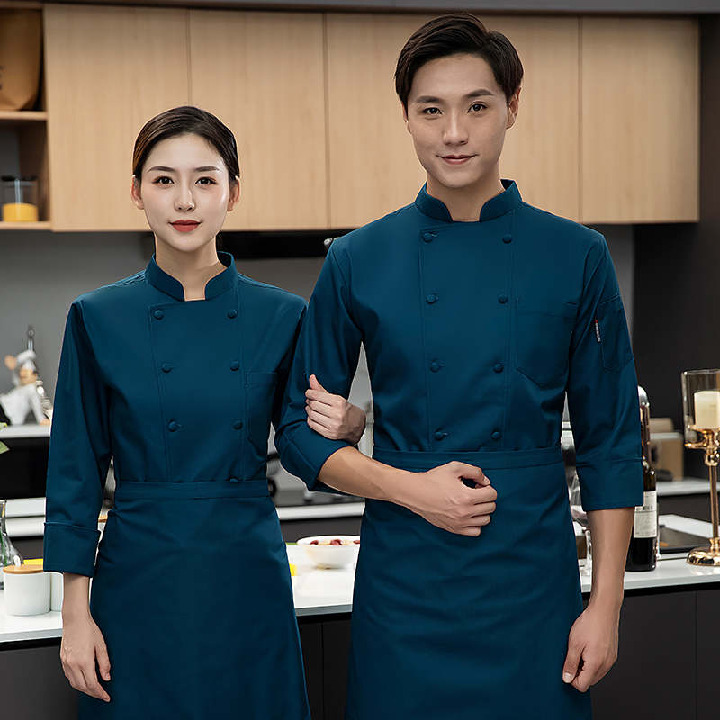 加厚涤棉抗油污长袖厨师服上衣H05-纯色布包扣图4