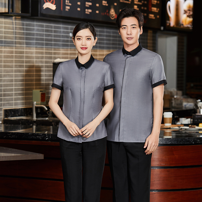 哔叽翻领短袖服务员工作服上衣男款H01-L020男图3