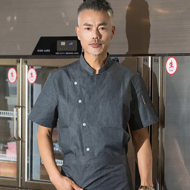 斜领单排扣酒店短袖厨师服上衣H01-2022-15图2