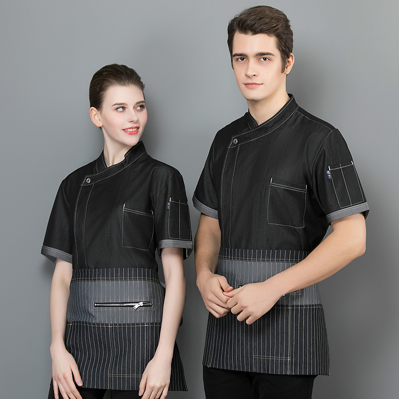 酒店餐饮厨后厨偏襟弹力牛仔款厨师服上衣H02-20F056-057图2