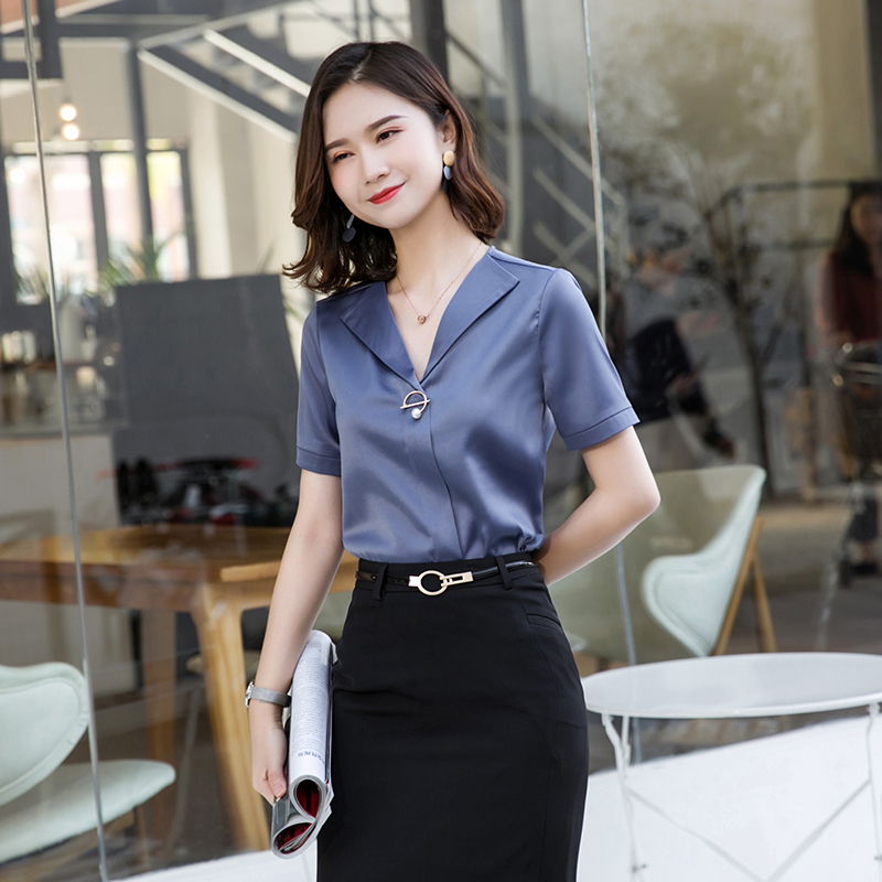 V领宽松版职业装短袖衬衫女（加配饰）DM1-5058短袖衬衫女图2
