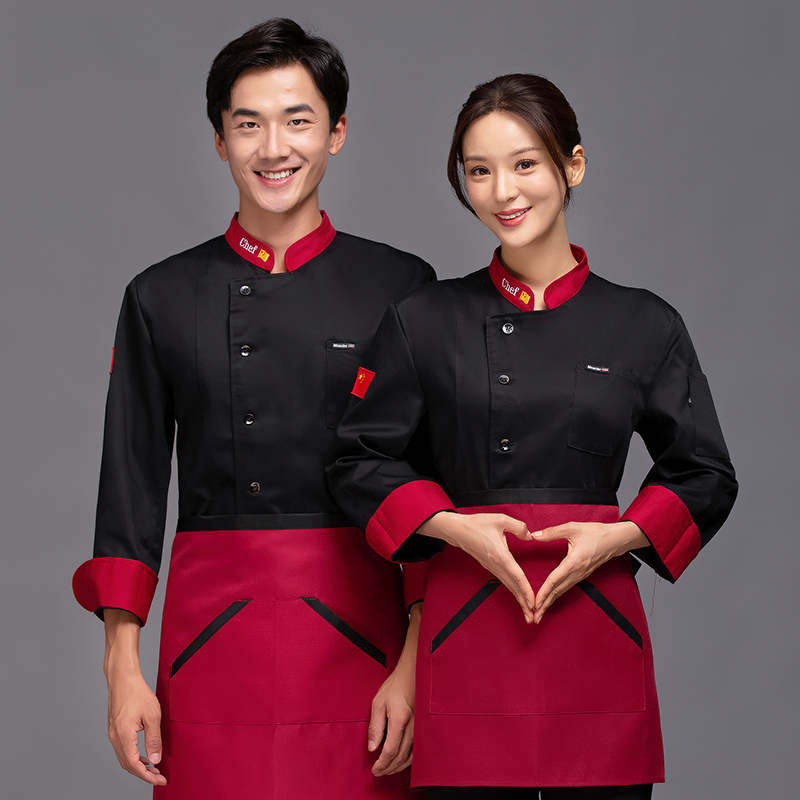 加厚涤卡刺绣撞色餐厅长袖厨师服上衣H05-国旗领