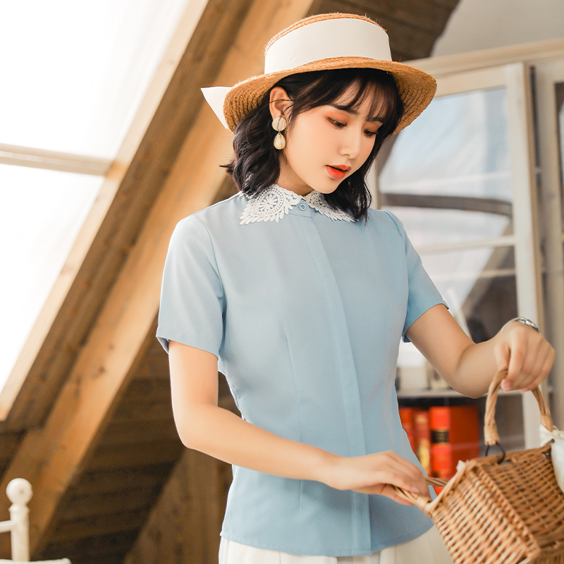 高弹乱麻甜美小清新职业短袖衬衫女104-Q6087短袖衬衫女图2