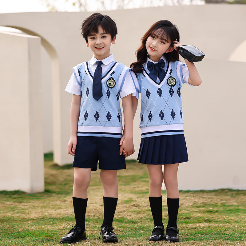 学院英伦风夏季中小学生假两件短袖衬衫校服套装两件套215-830（含徽章、领结领带）图2