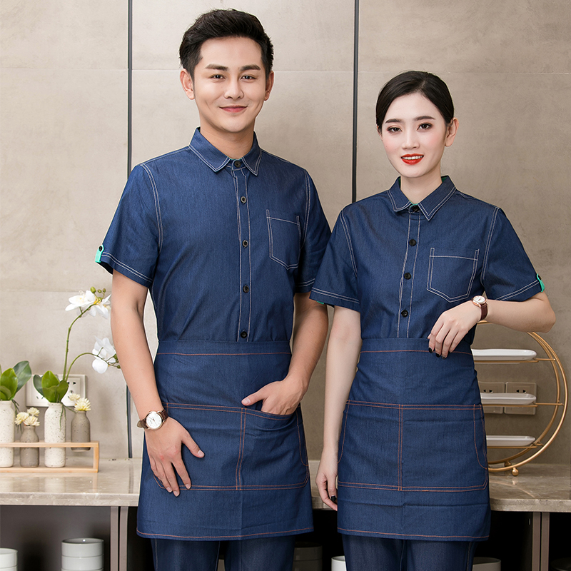 弹力棉牛仔餐饮短袖服务员工作服上衣H01-1919图2