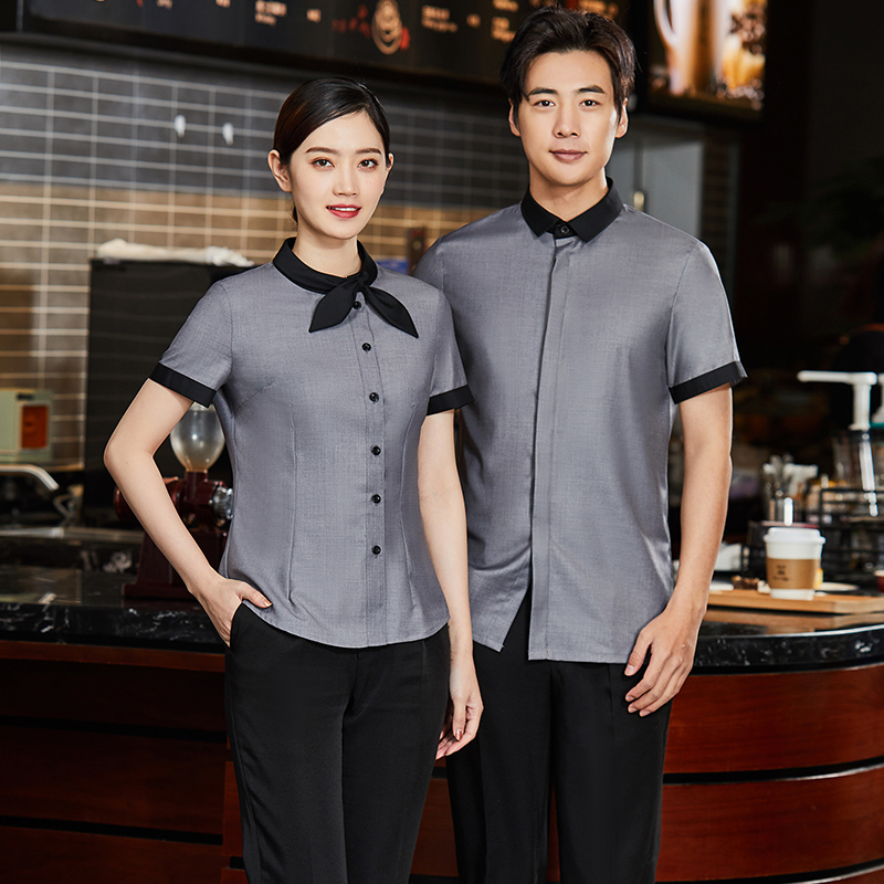 哔叽交叉领短袖服务员工作服上衣男款H01-2021-04图2